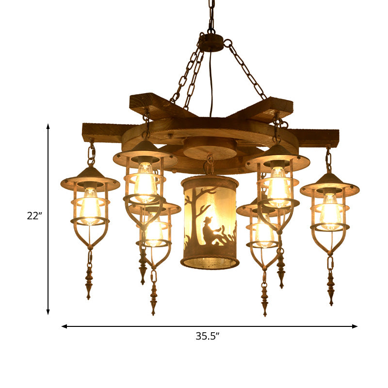 Metal Caged Chandelier Lighting Factory 3/7 Lights Restaurant Hanging Light Kit in Wood Clearhalo 'Ceiling Lights' 'Chandeliers' 'Industrial Chandeliers' 'Industrial' 'Middle Century Chandeliers' 'Tiffany' Lighting' 326927