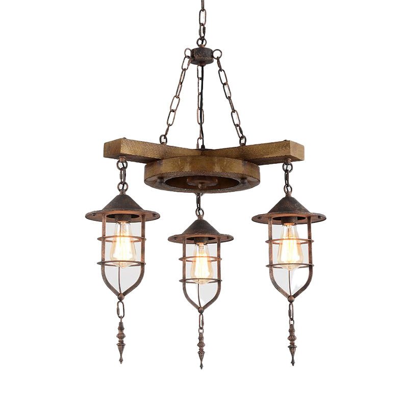 Metal Caged Chandelier Lighting Factory 3/7 Lights Restaurant Hanging Light Kit in Wood Clearhalo 'Ceiling Lights' 'Chandeliers' 'Industrial Chandeliers' 'Industrial' 'Middle Century Chandeliers' 'Tiffany' Lighting' 326930