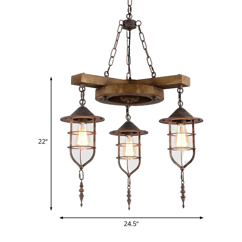 Metal Caged Chandelier Lighting Factory 3/7 Lights Restaurant Hanging Light Kit in Wood Clearhalo 'Ceiling Lights' 'Chandeliers' 'Industrial Chandeliers' 'Industrial' 'Middle Century Chandeliers' 'Tiffany' Lighting' 326931
