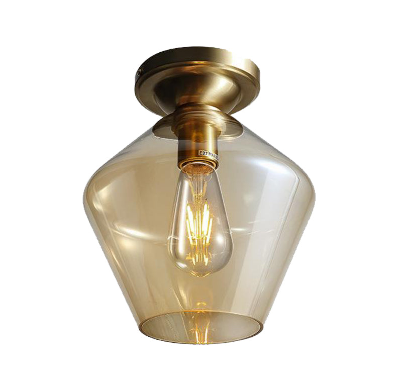 Drum/Vase Ceiling Mounted Fixture with Amber Glass Lampshade Contemporary 1 Light Flush Ceiling Fixture in Brass Finish Clearhalo 'Ceiling Lights' 'Close To Ceiling Lights' 'Close to ceiling' 'Flush mount' Lighting' 326963