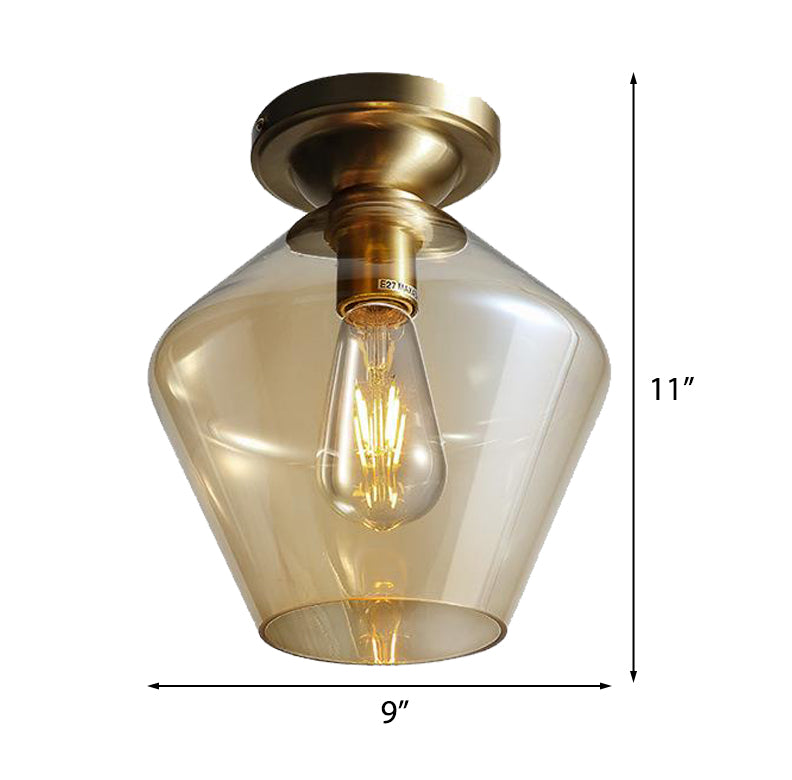 Drum/Vase Ceiling Mounted Fixture with Amber Glass Lampshade Contemporary 1 Light Flush Ceiling Fixture in Brass Finish Clearhalo 'Ceiling Lights' 'Close To Ceiling Lights' 'Close to ceiling' 'Flush mount' Lighting' 326964