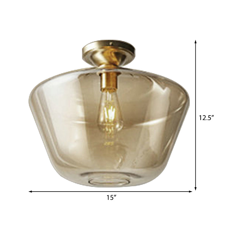 Drum/Vase Ceiling Mounted Fixture with Amber Glass Lampshade Contemporary 1 Light Flush Ceiling Fixture in Brass Finish Clearhalo 'Ceiling Lights' 'Close To Ceiling Lights' 'Close to ceiling' 'Flush mount' Lighting' 326969