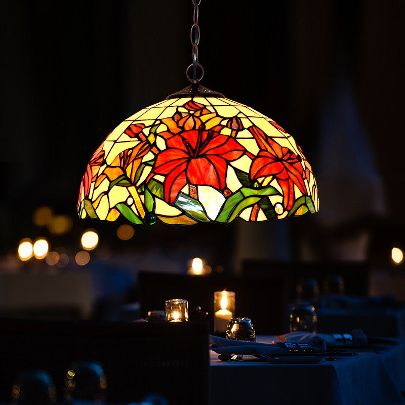 1/2 Lights Chandelier Lamp Mediterranean Floral Red Cut Glass Suspension Pendant Light, 12"/16" W Red 16" Clearhalo 'Ceiling Lights' 'Chandeliers' 'Industrial' 'Middle Century Chandeliers' 'Tiffany Chandeliers' 'Tiffany close to ceiling' 'Tiffany' Lighting' 326970