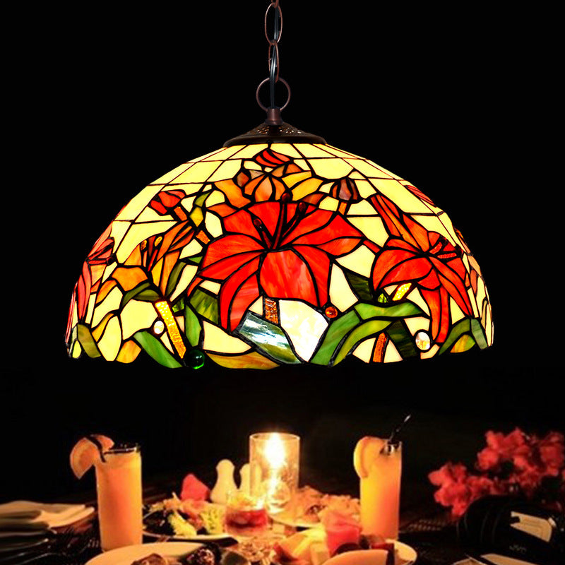 1/2 Lights Chandelier Lamp Mediterranean Floral Red Cut Glass Suspension Pendant Light, 12"/16" W Clearhalo 'Ceiling Lights' 'Chandeliers' 'Industrial' 'Middle Century Chandeliers' 'Tiffany Chandeliers' 'Tiffany close to ceiling' 'Tiffany' Lighting' 326971