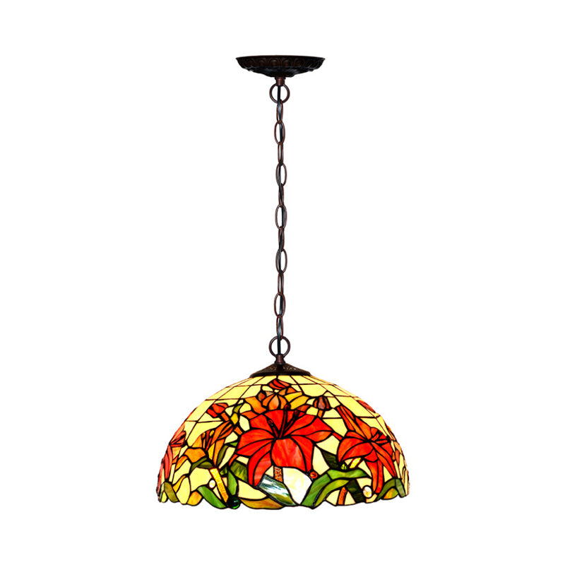 1/2 Lights Chandelier Lamp Mediterranean Floral Red Cut Glass Suspension Pendant Light, 12"/16" W Clearhalo 'Ceiling Lights' 'Chandeliers' 'Industrial' 'Middle Century Chandeliers' 'Tiffany Chandeliers' 'Tiffany close to ceiling' 'Tiffany' Lighting' 326972