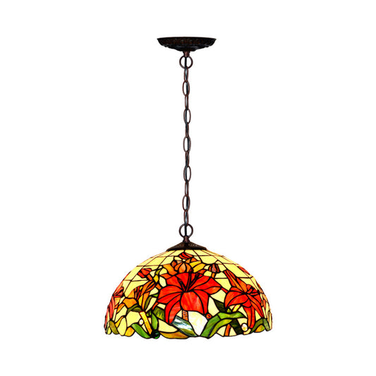 1/2 Lights Chandelier Lamp Mediterranean Floral Red Cut Glass Suspension Pendant Light, 12"/16" W Clearhalo 'Ceiling Lights' 'Chandeliers' 'Industrial' 'Middle Century Chandeliers' 'Tiffany Chandeliers' 'Tiffany close to ceiling' 'Tiffany' Lighting' 326972