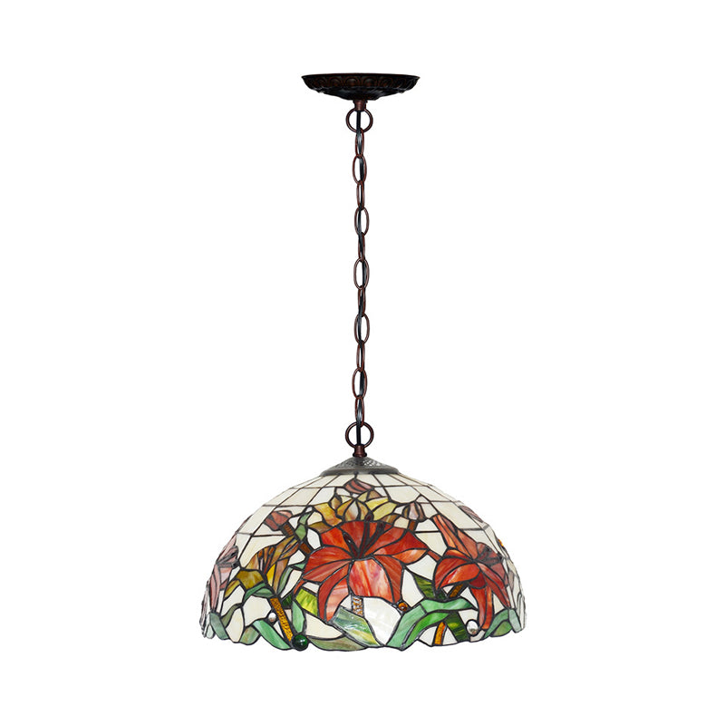 1/2 Lights Chandelier Lamp Mediterranean Floral Red Cut Glass Suspension Pendant Light, 12"/16" W Clearhalo 'Ceiling Lights' 'Chandeliers' 'Industrial' 'Middle Century Chandeliers' 'Tiffany Chandeliers' 'Tiffany close to ceiling' 'Tiffany' Lighting' 326973