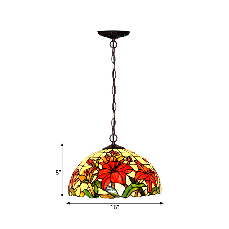 1/2 Lights Chandelier Lamp Mediterranean Floral Red Cut Glass Suspension Pendant Light, 12"/16" W Clearhalo 'Ceiling Lights' 'Chandeliers' 'Industrial' 'Middle Century Chandeliers' 'Tiffany Chandeliers' 'Tiffany close to ceiling' 'Tiffany' Lighting' 326974