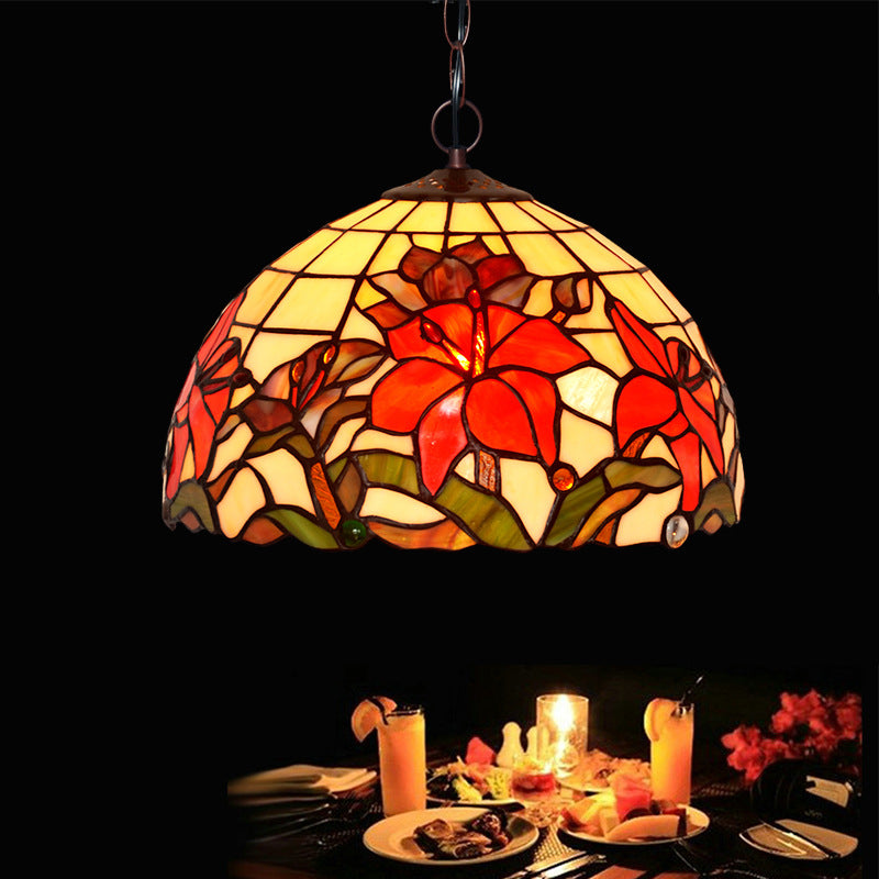 1/2 Lights Chandelier Lamp Mediterranean Floral Red Cut Glass Suspension Pendant Light, 12"/16" W Red 12" Clearhalo 'Ceiling Lights' 'Chandeliers' 'Industrial' 'Middle Century Chandeliers' 'Tiffany Chandeliers' 'Tiffany close to ceiling' 'Tiffany' Lighting' 326975