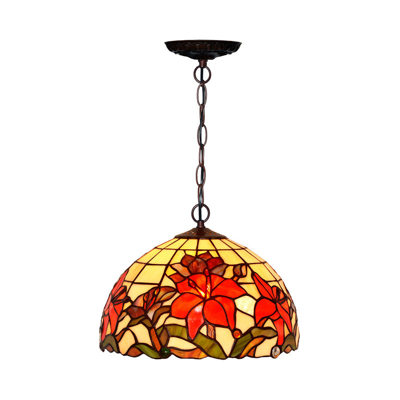 1/2 Lights Chandelier Lamp Mediterranean Floral Red Cut Glass Suspension Pendant Light, 12"/16" W Clearhalo 'Ceiling Lights' 'Chandeliers' 'Industrial' 'Middle Century Chandeliers' 'Tiffany Chandeliers' 'Tiffany close to ceiling' 'Tiffany' Lighting' 326976