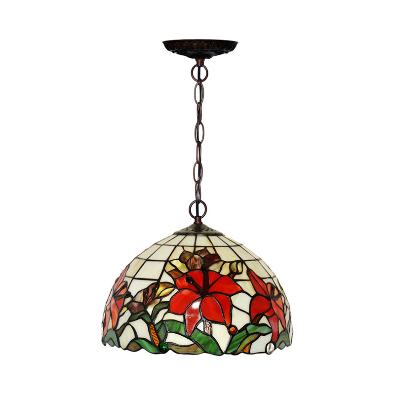 1/2 Lights Chandelier Lamp Mediterranean Floral Red Cut Glass Suspension Pendant Light, 12"/16" W Clearhalo 'Ceiling Lights' 'Chandeliers' 'Industrial' 'Middle Century Chandeliers' 'Tiffany Chandeliers' 'Tiffany close to ceiling' 'Tiffany' Lighting' 326977