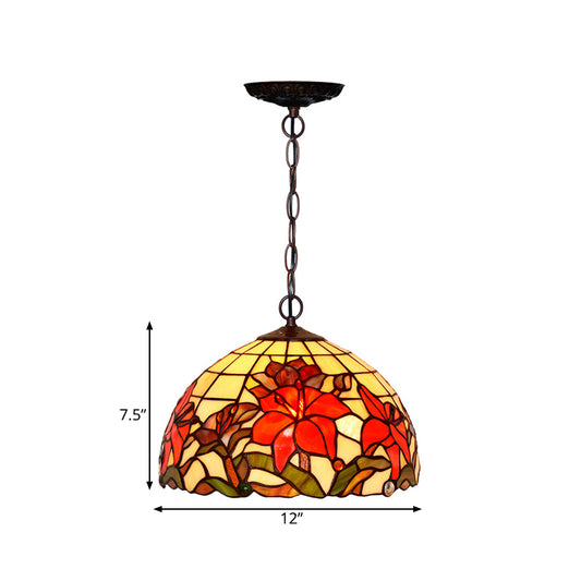 1/2 Lights Chandelier Lamp Mediterranean Floral Red Cut Glass Suspension Pendant Light, 12"/16" W Clearhalo 'Ceiling Lights' 'Chandeliers' 'Industrial' 'Middle Century Chandeliers' 'Tiffany Chandeliers' 'Tiffany close to ceiling' 'Tiffany' Lighting' 326978