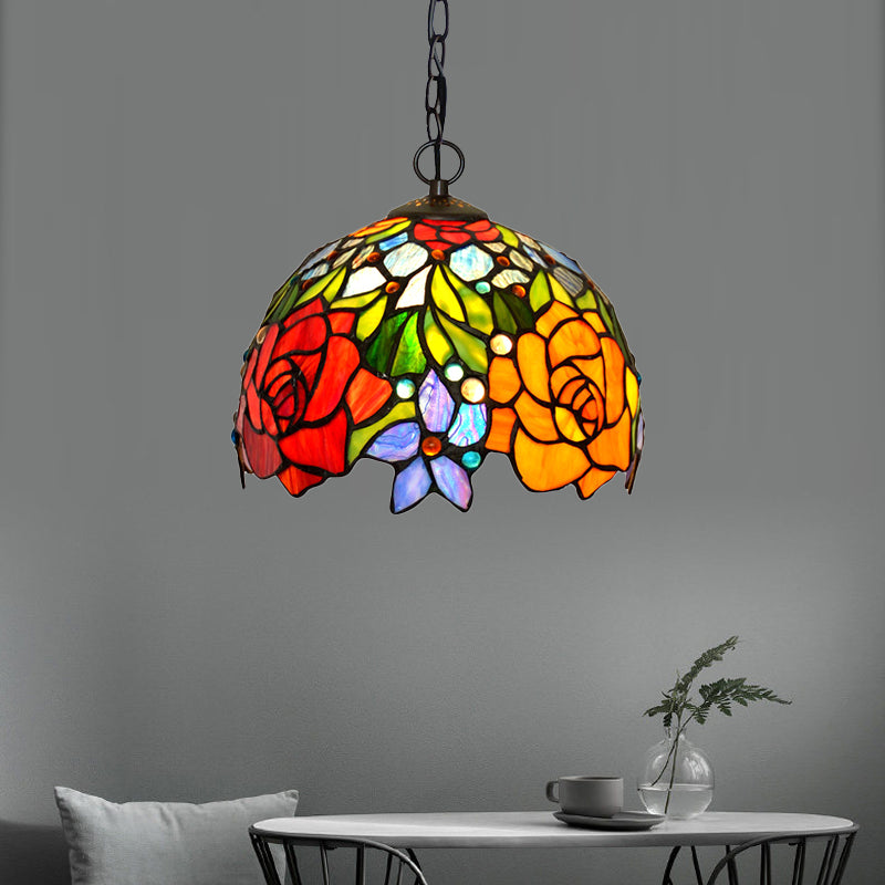 Victorian Floral Chandelier Lamp 1/2/3 Lights Red Cut Glass Pendant Light Fixture for Kitchen, 10"/12"/16" Wide Clearhalo 'Ceiling Lights' 'Chandeliers' 'Industrial' 'Middle Century Chandeliers' 'Tiffany Chandeliers' 'Tiffany close to ceiling' 'Tiffany' Lighting' 327036