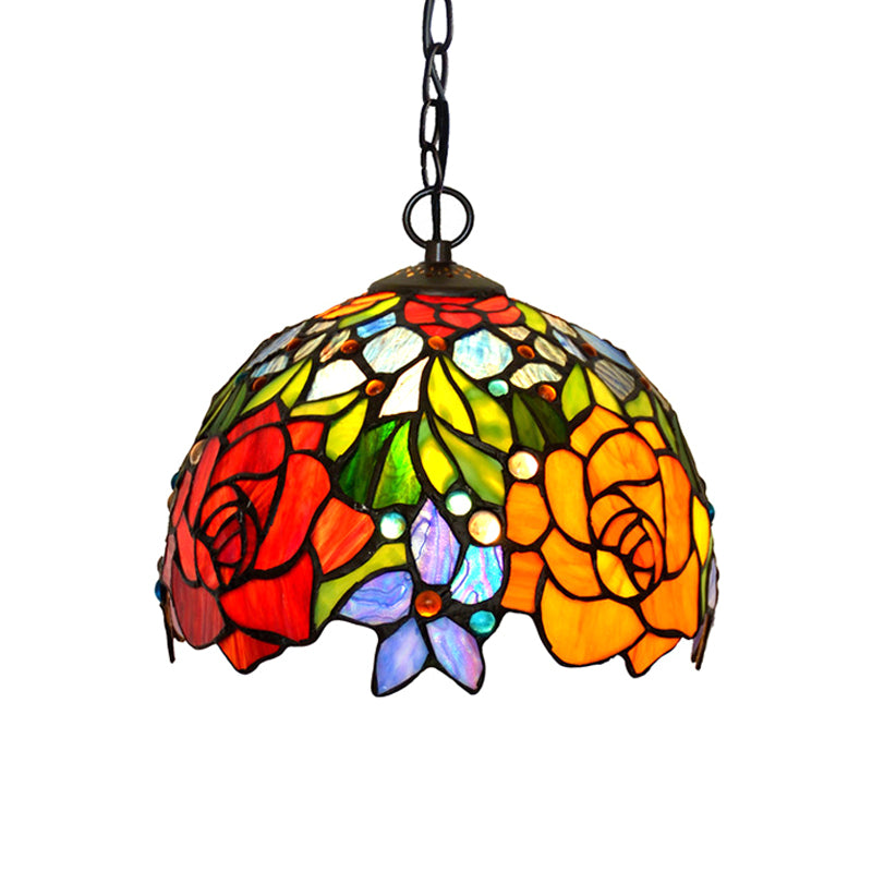 Victorian Floral Chandelier Lamp 1/2/3 Lights Red Cut Glass Pendant Light Fixture for Kitchen, 10"/12"/16" Wide Clearhalo 'Ceiling Lights' 'Chandeliers' 'Industrial' 'Middle Century Chandeliers' 'Tiffany Chandeliers' 'Tiffany close to ceiling' 'Tiffany' Lighting' 327038
