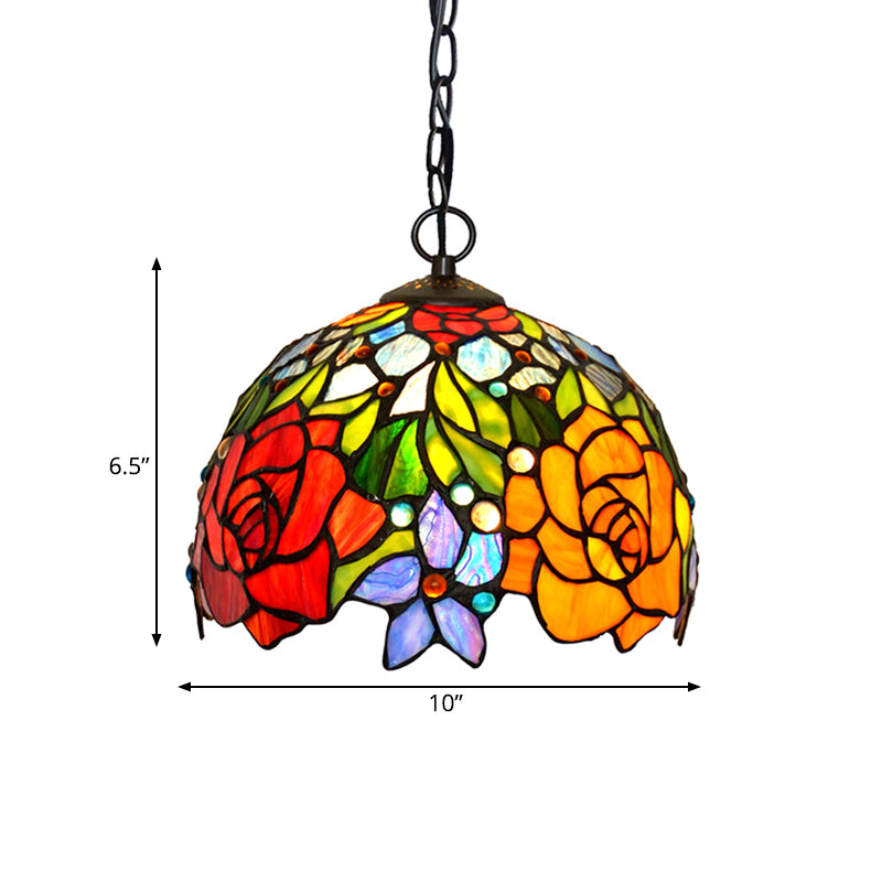 Victorian Floral Chandelier Lamp 1/2/3 Lights Red Cut Glass Pendant Light Fixture for Kitchen, 10"/12"/16" Wide Clearhalo 'Ceiling Lights' 'Chandeliers' 'Industrial' 'Middle Century Chandeliers' 'Tiffany Chandeliers' 'Tiffany close to ceiling' 'Tiffany' Lighting' 327039
