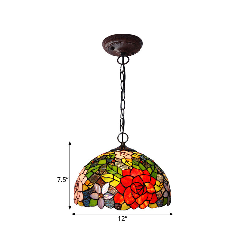 Victorian Floral Chandelier Lamp 1/2/3 Lights Red Cut Glass Pendant Light Fixture for Kitchen, 10"/12"/16" Wide Clearhalo 'Ceiling Lights' 'Chandeliers' 'Industrial' 'Middle Century Chandeliers' 'Tiffany Chandeliers' 'Tiffany close to ceiling' 'Tiffany' Lighting' 327042