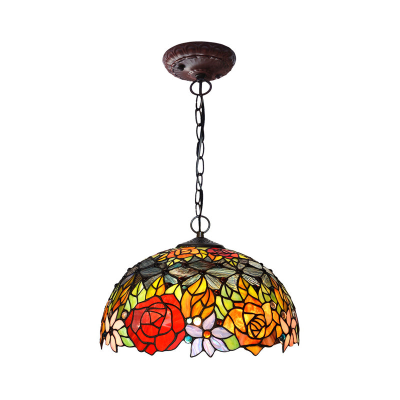 Victorian Floral Chandelier Lamp 1/2/3 Lights Red Cut Glass Pendant Light Fixture for Kitchen, 10"/12"/16" Wide Red 16" Clearhalo 'Ceiling Lights' 'Chandeliers' 'Industrial' 'Middle Century Chandeliers' 'Tiffany Chandeliers' 'Tiffany close to ceiling' 'Tiffany' Lighting' 327043