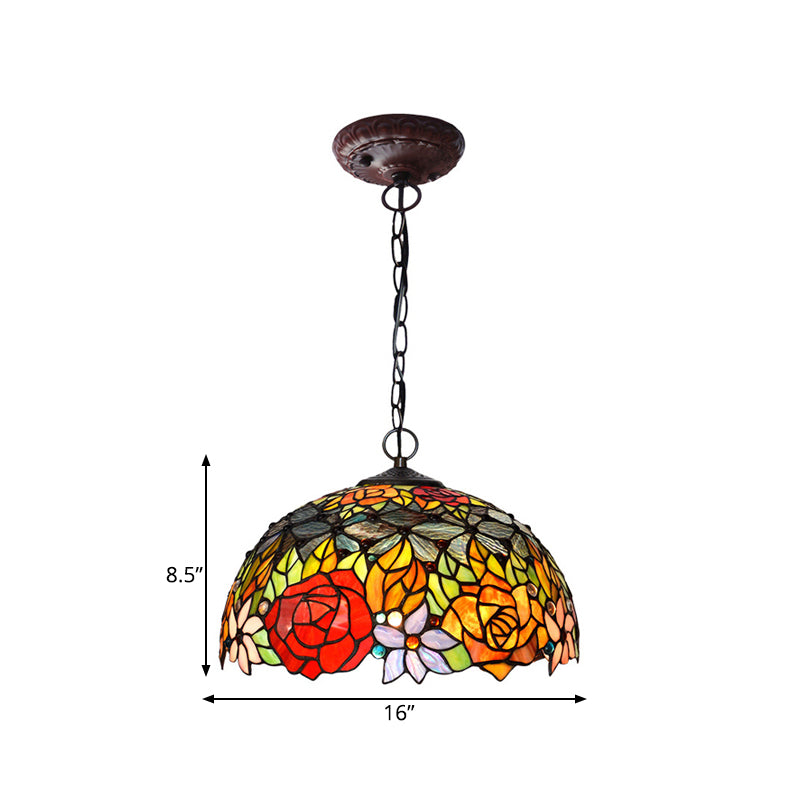 Victorian Floral Chandelier Lamp 1/2/3 Lights Red Cut Glass Pendant Light Fixture for Kitchen, 10"/12"/16" Wide Clearhalo 'Ceiling Lights' 'Chandeliers' 'Industrial' 'Middle Century Chandeliers' 'Tiffany Chandeliers' 'Tiffany close to ceiling' 'Tiffany' Lighting' 327045