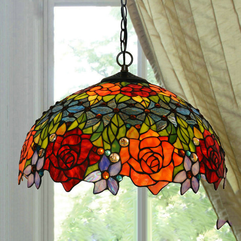 Victorian Floral Chandelier Lamp 1/2/3 Lights Red Cut Glass Pendant Light Fixture for Kitchen, 10"/12"/16" Wide Red 18" Clearhalo 'Ceiling Lights' 'Chandeliers' 'Industrial' 'Middle Century Chandeliers' 'Tiffany Chandeliers' 'Tiffany close to ceiling' 'Tiffany' Lighting' 327046