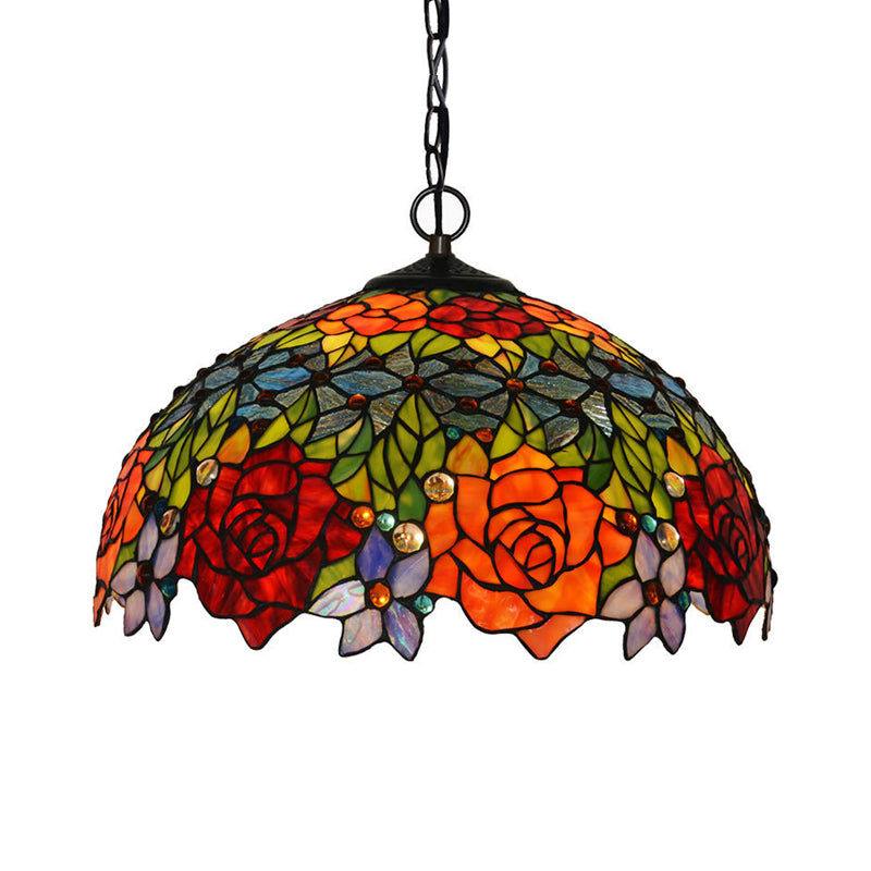 Victorian Floral Chandelier Lamp 1/2/3 Lights Red Cut Glass Pendant Light Fixture for Kitchen, 10"/12"/16" Wide Clearhalo 'Ceiling Lights' 'Chandeliers' 'Industrial' 'Middle Century Chandeliers' 'Tiffany Chandeliers' 'Tiffany close to ceiling' 'Tiffany' Lighting' 327047