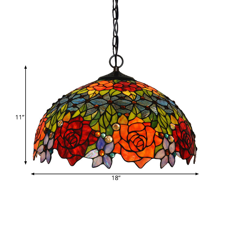 Victorian Floral Chandelier Lamp 1/2/3 Lights Red Cut Glass Pendant Light Fixture for Kitchen, 10"/12"/16" Wide Clearhalo 'Ceiling Lights' 'Chandeliers' 'Industrial' 'Middle Century Chandeliers' 'Tiffany Chandeliers' 'Tiffany close to ceiling' 'Tiffany' Lighting' 327048