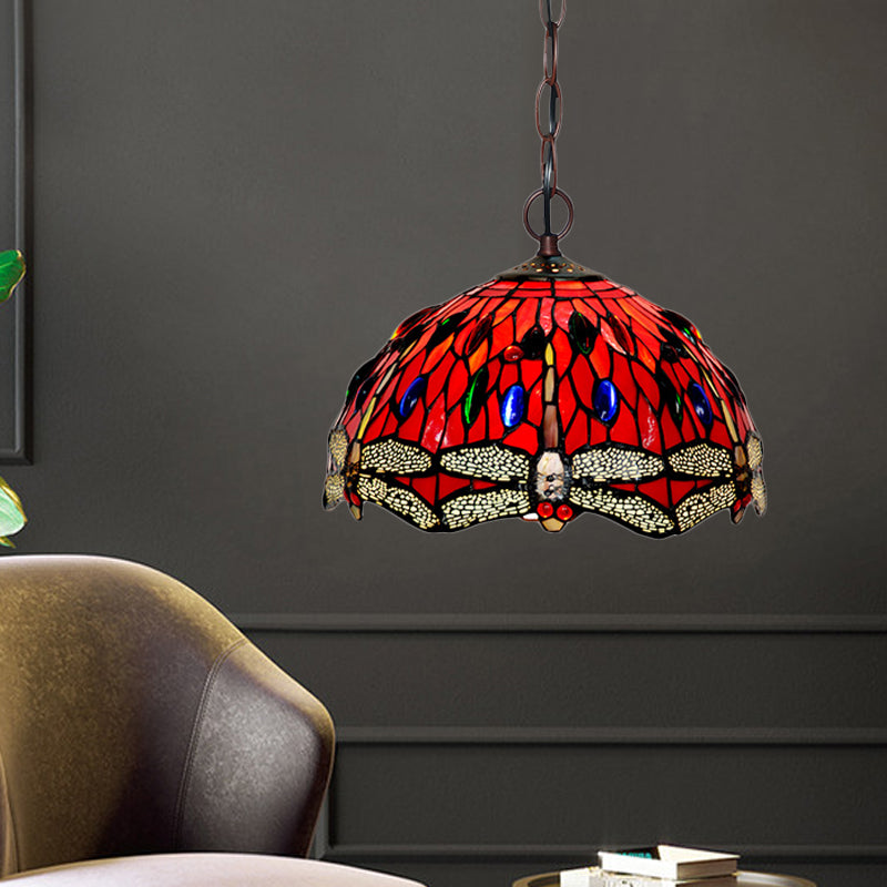 Dragonfly Pendant Lighting Fixture Victorian Red/Green Stained Glass 1 Light Hanging Ceiling Light Clearhalo 'Ceiling Lights' 'Chandeliers' 'Industrial' 'Middle Century Pendants' 'Pendant Lights' 'Pendants' 'Tiffany close to ceiling' 'Tiffany Pendants' 'Tiffany' Lighting' 327071