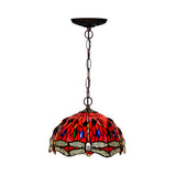Dragonfly Pendant Lighting Fixture Victorian Red/Green Stained Glass 1 Light Hanging Ceiling Light Clearhalo 'Ceiling Lights' 'Chandeliers' 'Industrial' 'Middle Century Pendants' 'Pendant Lights' 'Pendants' 'Tiffany close to ceiling' 'Tiffany Pendants' 'Tiffany' Lighting' 327072
