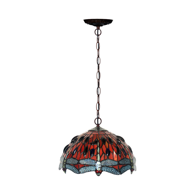Dragonfly Pendant Lighting Fixture Victorian Red/Green Stained Glass 1 Light Hanging Ceiling Light Clearhalo 'Ceiling Lights' 'Chandeliers' 'Industrial' 'Middle Century Pendants' 'Pendant Lights' 'Pendants' 'Tiffany close to ceiling' 'Tiffany Pendants' 'Tiffany' Lighting' 327073