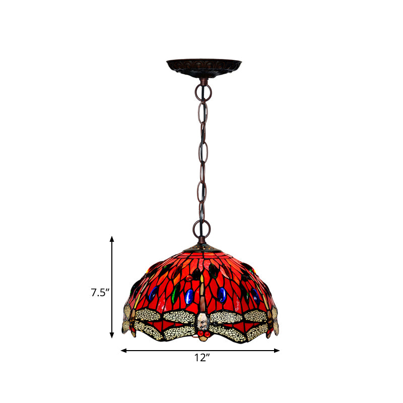 Dragonfly Pendant Lighting Fixture Victorian Red/Green Stained Glass 1 Light Hanging Ceiling Light Clearhalo 'Ceiling Lights' 'Chandeliers' 'Industrial' 'Middle Century Pendants' 'Pendant Lights' 'Pendants' 'Tiffany close to ceiling' 'Tiffany Pendants' 'Tiffany' Lighting' 327074