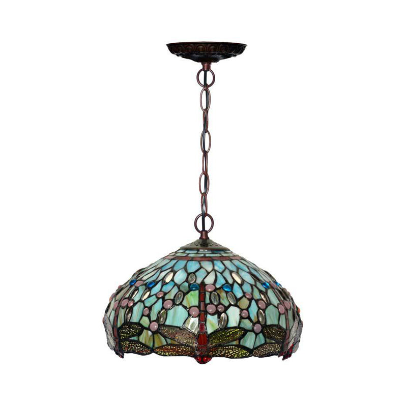 Dragonfly Pendant Lighting Fixture Victorian Red/Green Stained Glass 1 Light Hanging Ceiling Light Clearhalo 'Ceiling Lights' 'Chandeliers' 'Industrial' 'Middle Century Pendants' 'Pendant Lights' 'Pendants' 'Tiffany close to ceiling' 'Tiffany Pendants' 'Tiffany' Lighting' 327076