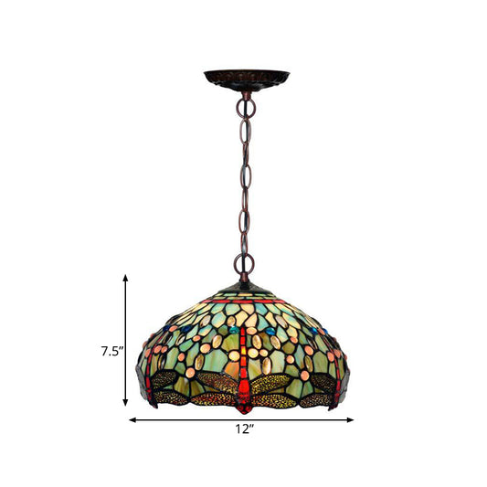 Dragonfly Pendant Lighting Fixture Victorian Red/Green Stained Glass 1 Light Hanging Ceiling Light Clearhalo 'Ceiling Lights' 'Chandeliers' 'Industrial' 'Middle Century Pendants' 'Pendant Lights' 'Pendants' 'Tiffany close to ceiling' 'Tiffany Pendants' 'Tiffany' Lighting' 327077