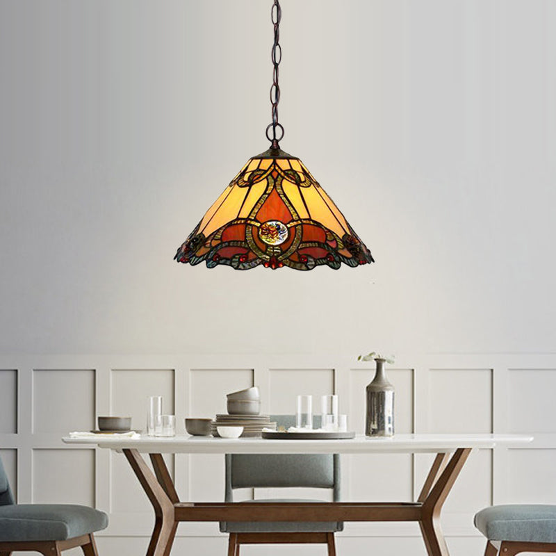 1 Light Kitchen Pendant Lamp Tiffany Bronze Ceiling Light with Conical Red Stained Glass Shade Red Clearhalo 'Ceiling Lights' 'Industrial' 'Middle Century Pendants' 'Pendant Lights' 'Pendants' 'Tiffany close to ceiling' 'Tiffany Pendants' 'Tiffany' Lighting' 327090