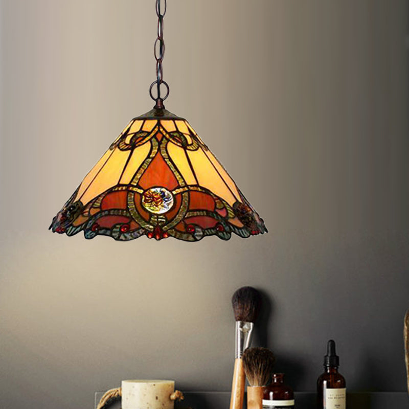 1 Light Kitchen Pendant Lamp Tiffany Bronze Ceiling Light with Conical Red Stained Glass Shade Clearhalo 'Ceiling Lights' 'Industrial' 'Middle Century Pendants' 'Pendant Lights' 'Pendants' 'Tiffany close to ceiling' 'Tiffany Pendants' 'Tiffany' Lighting' 327091