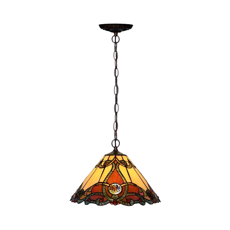 1 Light Kitchen Pendant Lamp Tiffany Bronze Ceiling Light with Conical Red Stained Glass Shade Clearhalo 'Ceiling Lights' 'Industrial' 'Middle Century Pendants' 'Pendant Lights' 'Pendants' 'Tiffany close to ceiling' 'Tiffany Pendants' 'Tiffany' Lighting' 327092