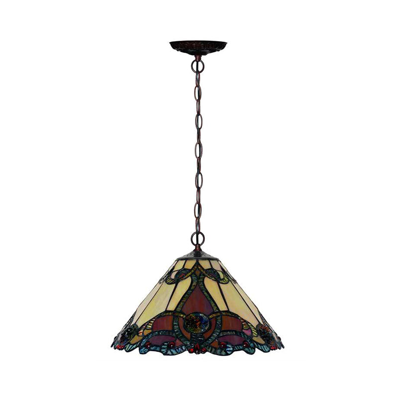 1 Light Kitchen Pendant Lamp Tiffany Bronze Ceiling Light with Conical Red Stained Glass Shade Clearhalo 'Ceiling Lights' 'Industrial' 'Middle Century Pendants' 'Pendant Lights' 'Pendants' 'Tiffany close to ceiling' 'Tiffany Pendants' 'Tiffany' Lighting' 327093