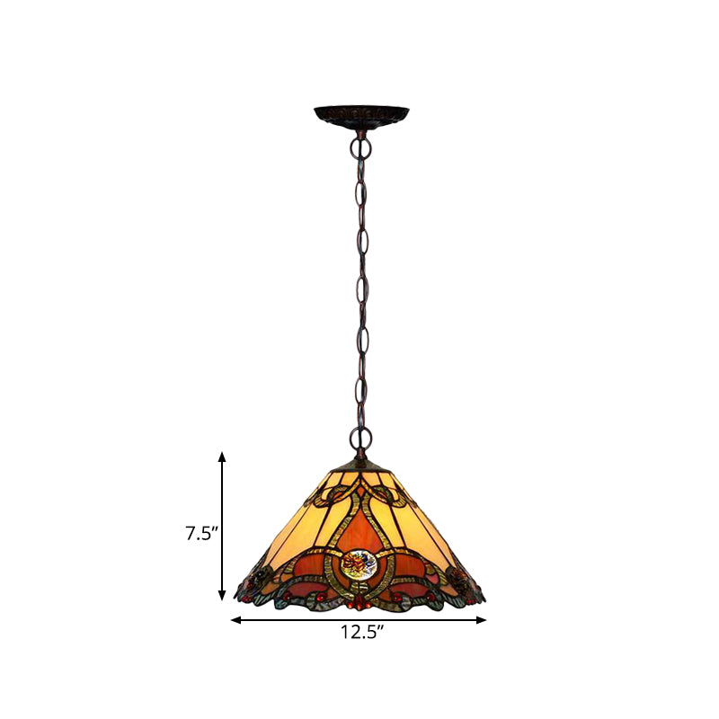 1 Light Kitchen Pendant Lamp Tiffany Bronze Ceiling Light with Conical Red Stained Glass Shade Clearhalo 'Ceiling Lights' 'Industrial' 'Middle Century Pendants' 'Pendant Lights' 'Pendants' 'Tiffany close to ceiling' 'Tiffany Pendants' 'Tiffany' Lighting' 327094