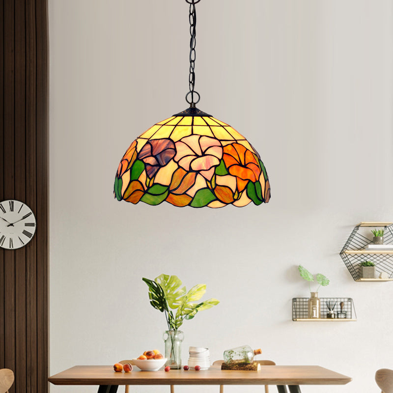 Blossom Pendulum Light 1 Light Red/Pink/Yellow Stained Glass Mediterranean Pendant Lighting Fixture Yellow Clearhalo 'Ceiling Lights' 'Chandeliers' 'Industrial' 'Middle Century Pendants' 'Pendant Lights' 'Pendants' 'Tiffany close to ceiling' 'Tiffany Pendants' 'Tiffany' Lighting' 327190