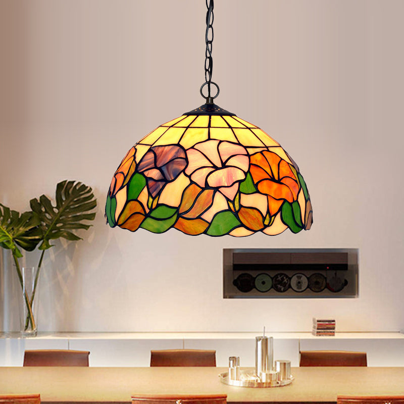 Blossom Pendulum Light 1 Light Red/Pink/Yellow Stained Glass Mediterranean Pendant Lighting Fixture Clearhalo 'Ceiling Lights' 'Chandeliers' 'Industrial' 'Middle Century Pendants' 'Pendant Lights' 'Pendants' 'Tiffany close to ceiling' 'Tiffany Pendants' 'Tiffany' Lighting' 327191