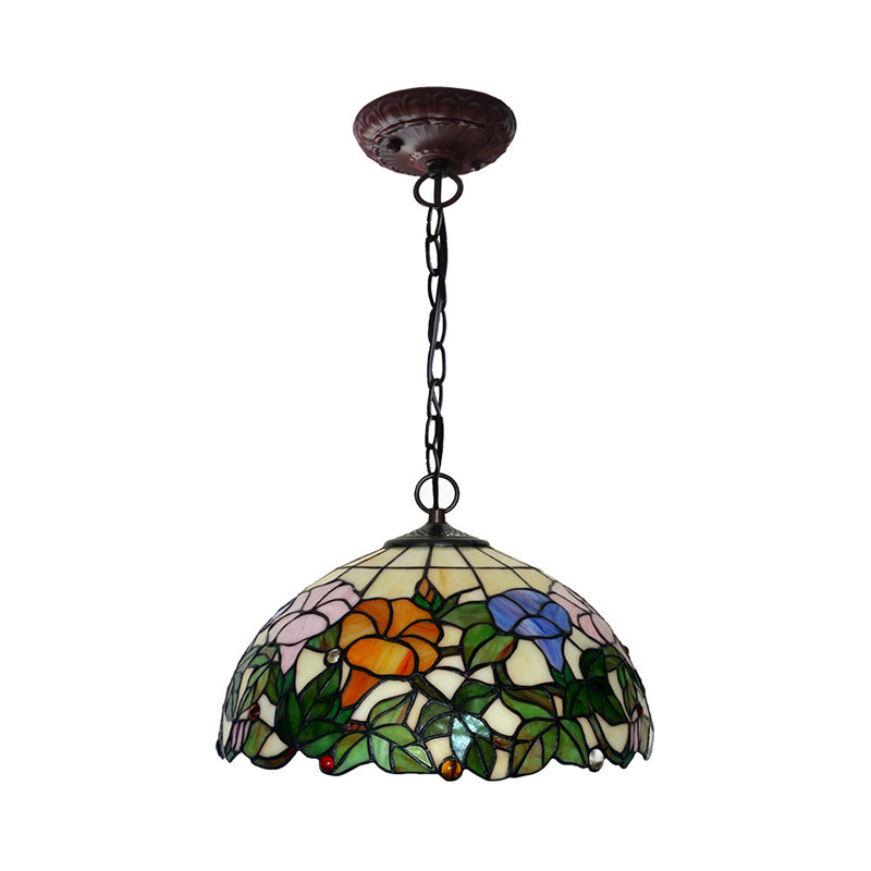 Blossom Pendulum Light 1 Light Red/Pink/Yellow Stained Glass Mediterranean Pendant Lighting Fixture Clearhalo 'Ceiling Lights' 'Chandeliers' 'Industrial' 'Middle Century Pendants' 'Pendant Lights' 'Pendants' 'Tiffany close to ceiling' 'Tiffany Pendants' 'Tiffany' Lighting' 327193