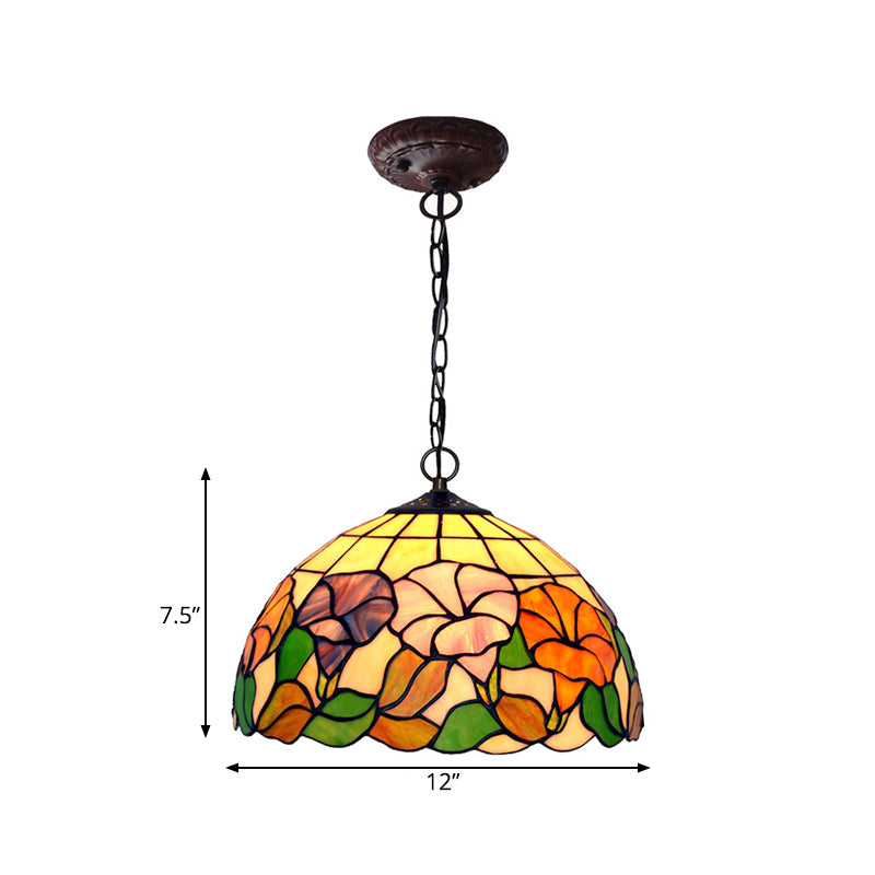 Blossom Pendulum Light 1 Light Red/Pink/Yellow Stained Glass Mediterranean Pendant Lighting Fixture Clearhalo 'Ceiling Lights' 'Chandeliers' 'Industrial' 'Middle Century Pendants' 'Pendant Lights' 'Pendants' 'Tiffany close to ceiling' 'Tiffany Pendants' 'Tiffany' Lighting' 327194