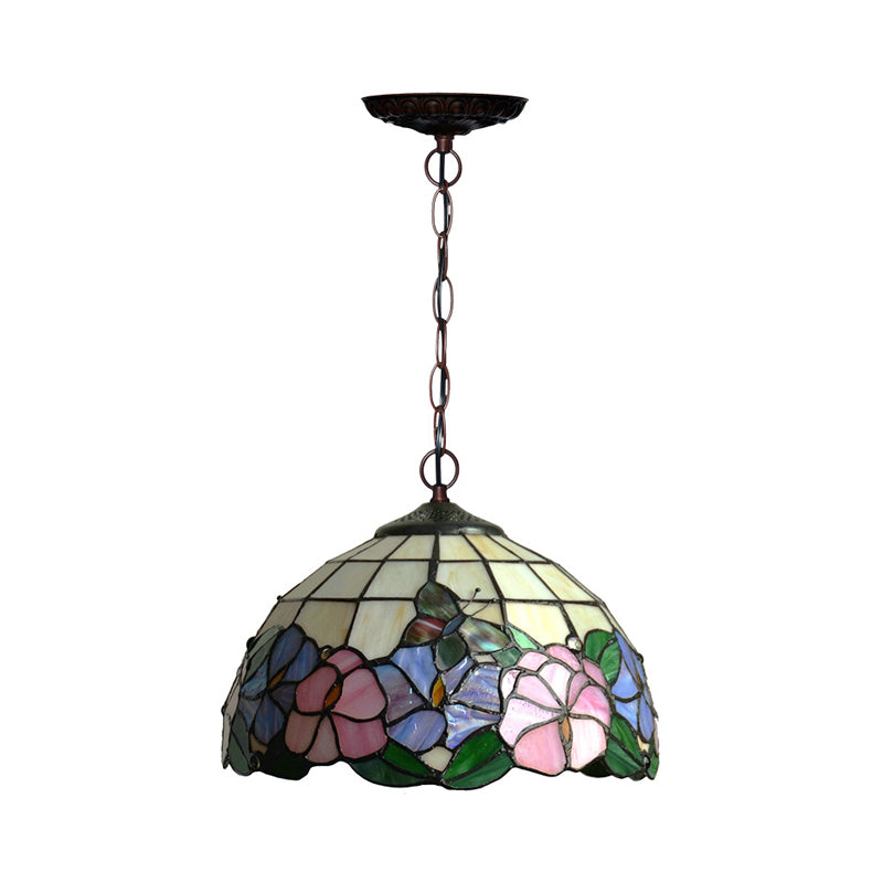 Blossom Pendulum Light 1 Light Red/Pink/Yellow Stained Glass Mediterranean Pendant Lighting Fixture Clearhalo 'Ceiling Lights' 'Chandeliers' 'Industrial' 'Middle Century Pendants' 'Pendant Lights' 'Pendants' 'Tiffany close to ceiling' 'Tiffany Pendants' 'Tiffany' Lighting' 327196