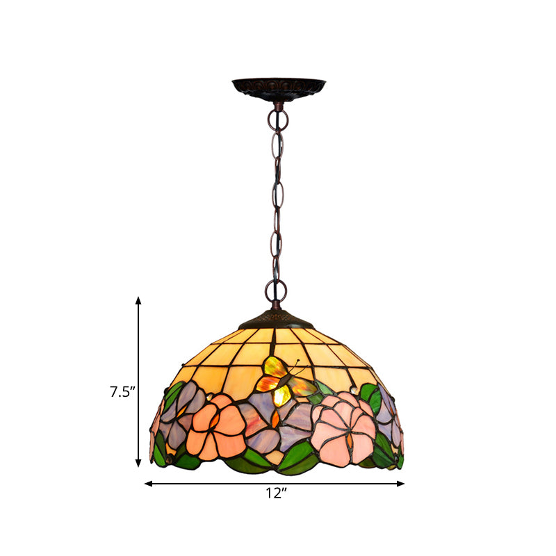 Blossom Pendulum Light 1 Light Red/Pink/Yellow Stained Glass Mediterranean Pendant Lighting Fixture Clearhalo 'Ceiling Lights' 'Chandeliers' 'Industrial' 'Middle Century Pendants' 'Pendant Lights' 'Pendants' 'Tiffany close to ceiling' 'Tiffany Pendants' 'Tiffany' Lighting' 327197