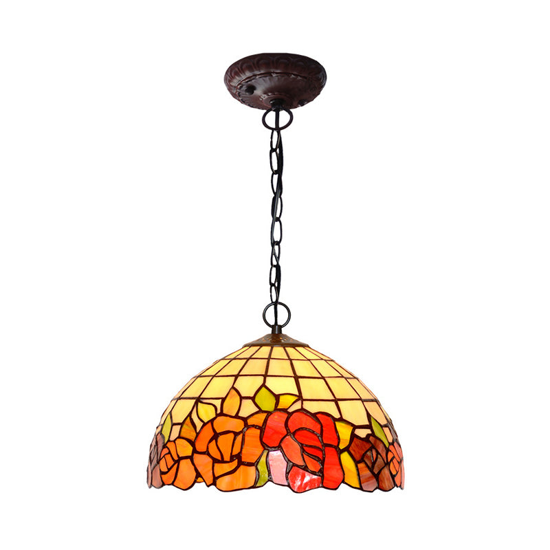 Blossom Pendulum Light 1 Light Red/Pink/Yellow Stained Glass Mediterranean Pendant Lighting Fixture Red Clearhalo 'Ceiling Lights' 'Chandeliers' 'Industrial' 'Middle Century Pendants' 'Pendant Lights' 'Pendants' 'Tiffany close to ceiling' 'Tiffany Pendants' 'Tiffany' Lighting' 327198