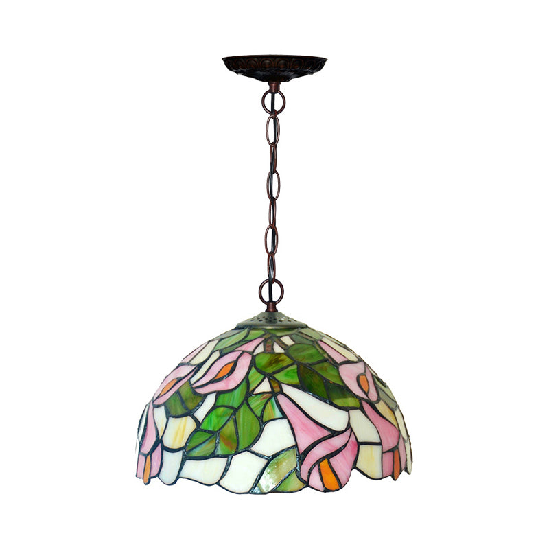 Blossom Pendulum Light 1 Light Red/Pink/Yellow Stained Glass Mediterranean Pendant Lighting Fixture Clearhalo 'Ceiling Lights' 'Chandeliers' 'Industrial' 'Middle Century Pendants' 'Pendant Lights' 'Pendants' 'Tiffany close to ceiling' 'Tiffany Pendants' 'Tiffany' Lighting' 327202