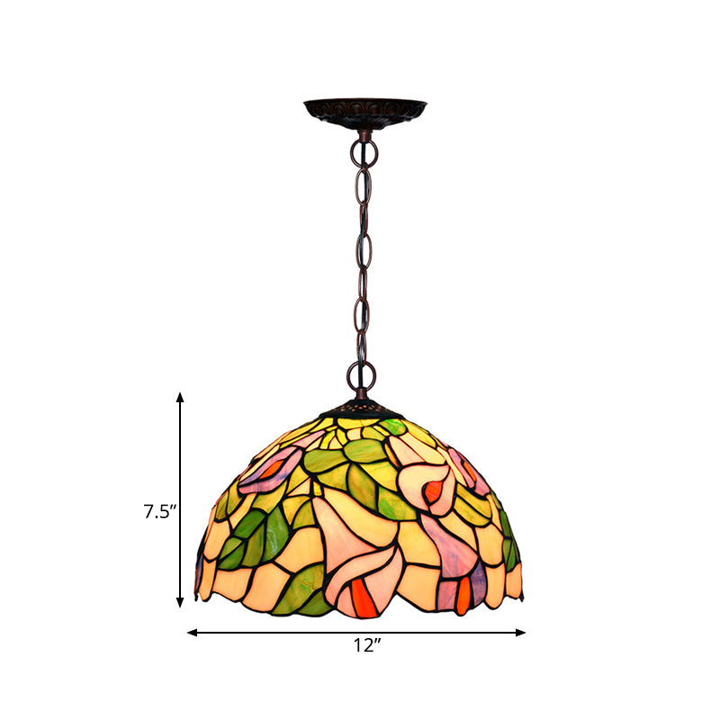 Blossom Pendulum Light 1 Light Red/Pink/Yellow Stained Glass Mediterranean Pendant Lighting Fixture Clearhalo 'Ceiling Lights' 'Chandeliers' 'Industrial' 'Middle Century Pendants' 'Pendant Lights' 'Pendants' 'Tiffany close to ceiling' 'Tiffany Pendants' 'Tiffany' Lighting' 327203