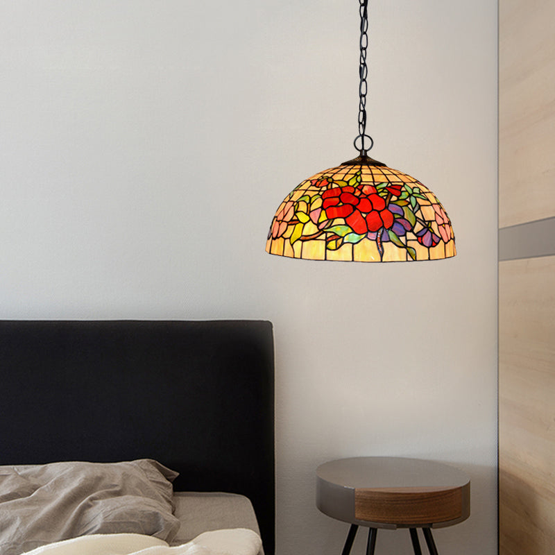 2 Lights Floral Ceiling Chandelier Tiffany-Style Red/Pink Stained Glass Pendant Lamp for Kitchen Red Clearhalo 'Ceiling Lights' 'Chandeliers' 'Industrial' 'Middle Century Chandeliers' 'Tiffany Chandeliers' 'Tiffany close to ceiling' 'Tiffany' Lighting' 327220