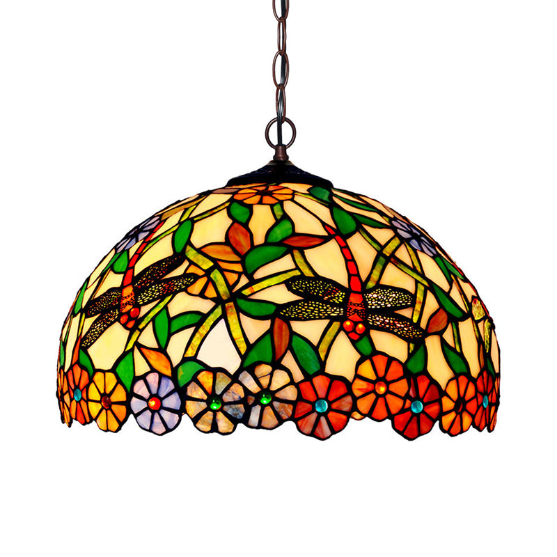 2 Lights Hanging Chandelier Mediterranean Dragonfly Red/Green/Purple Cut Glass Pendant Light Kit Clearhalo 'Ceiling Lights' 'Chandeliers' 'Industrial' 'Middle Century Chandeliers' 'Tiffany Chandeliers' 'Tiffany close to ceiling' 'Tiffany' Lighting' 327278