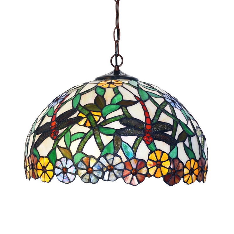 2 Lights Hanging Chandelier Mediterranean Dragonfly Red/Green/Purple Cut Glass Pendant Light Kit Clearhalo 'Ceiling Lights' 'Chandeliers' 'Industrial' 'Middle Century Chandeliers' 'Tiffany Chandeliers' 'Tiffany close to ceiling' 'Tiffany' Lighting' 327279