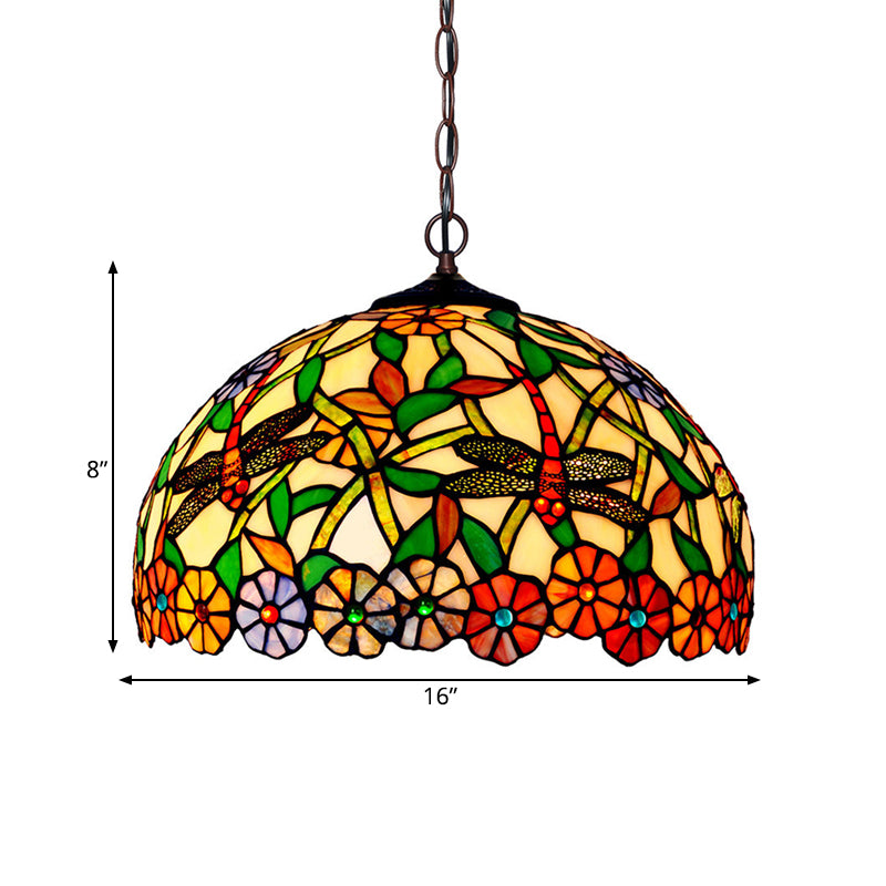 2 Lights Hanging Chandelier Mediterranean Dragonfly Red/Green/Purple Cut Glass Pendant Light Kit Clearhalo 'Ceiling Lights' 'Chandeliers' 'Industrial' 'Middle Century Chandeliers' 'Tiffany Chandeliers' 'Tiffany close to ceiling' 'Tiffany' Lighting' 327280