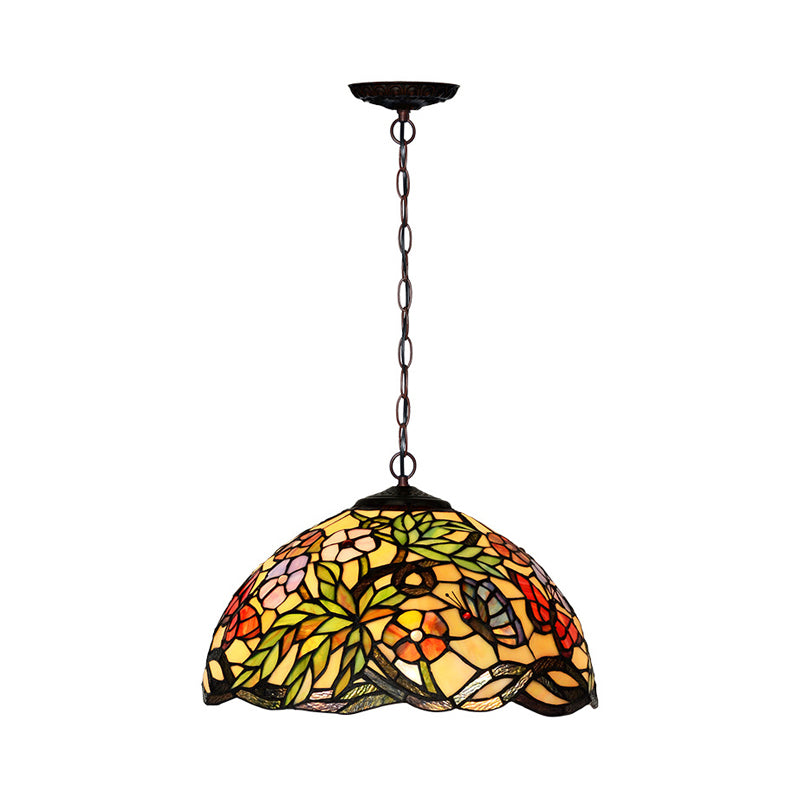 2 Lights Hanging Chandelier Mediterranean Dragonfly Red/Green/Purple Cut Glass Pendant Light Kit Green Clearhalo 'Ceiling Lights' 'Chandeliers' 'Industrial' 'Middle Century Chandeliers' 'Tiffany Chandeliers' 'Tiffany close to ceiling' 'Tiffany' Lighting' 327281